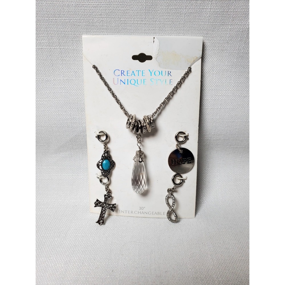 Silver Tone Charm Necklace Interchangeable 30" Chain Cross Hope Infinity Crystal